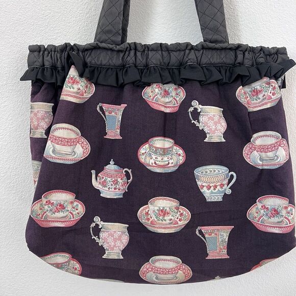 Vintage Ladies Large Black Tote Teacups print Lined Hinged‎ Metal Closure Ruffle - Picture 2 of 11